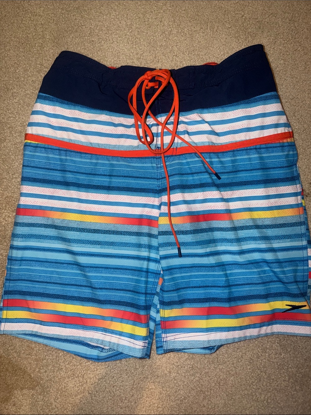 Speedo Navy and Orange Striped Swim Shorts Large Like New
